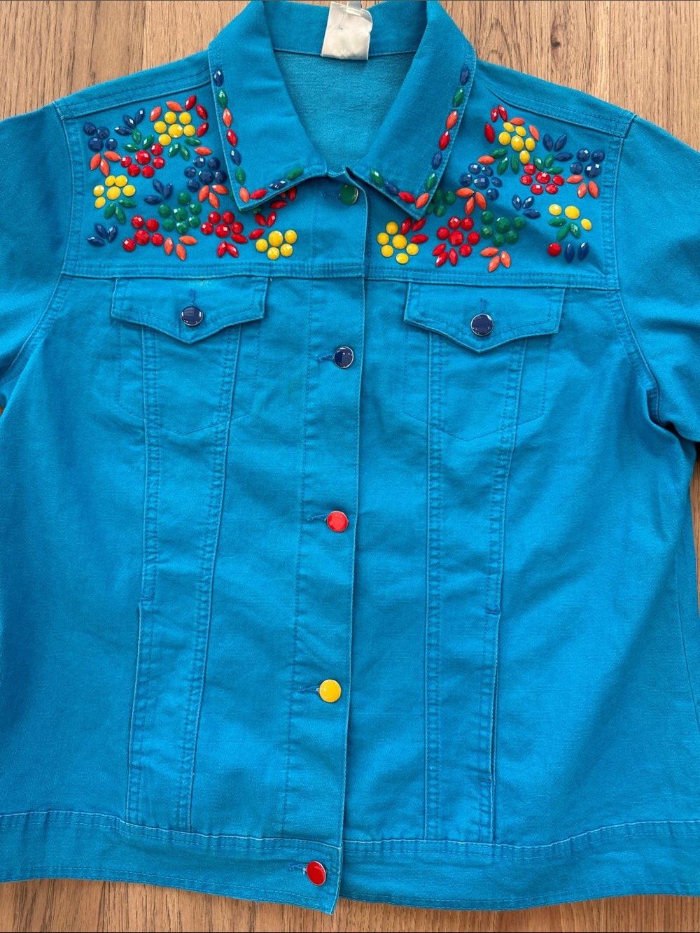 Vibrant Bright Blue Beaded Embellished Colorful Buttons XL Long Sleeve Jacket
